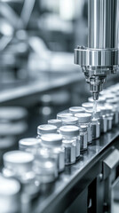 A machine is filling bottles with a clear liquid. The bottles are lined up on a conveyor belt
