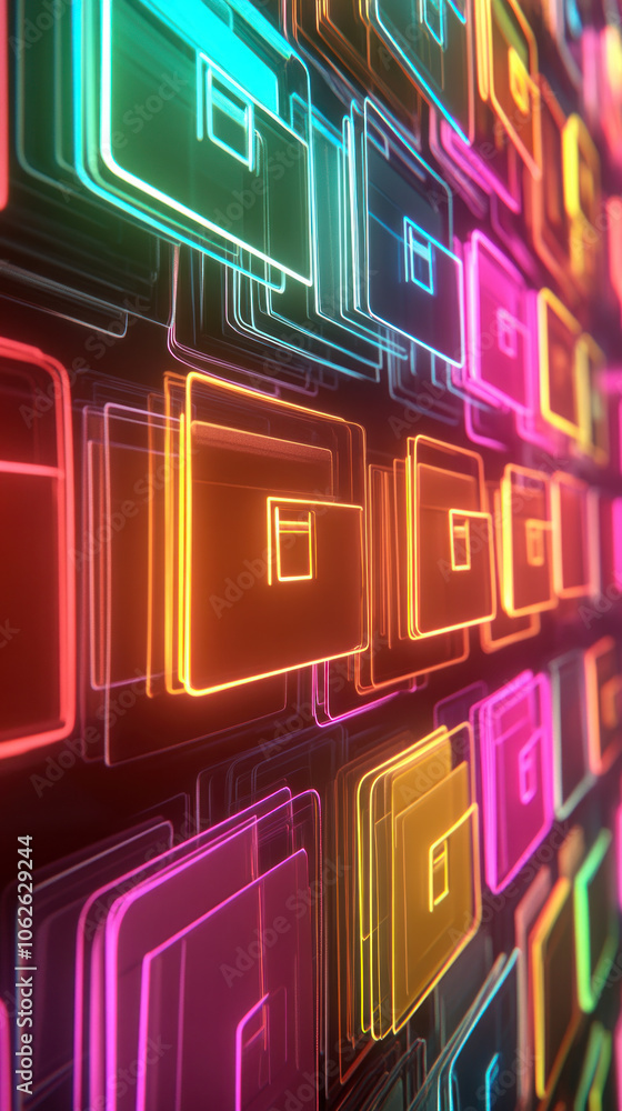 Poster a colorful image of many squares with the letters g and c on them. the squares are neon and the colo