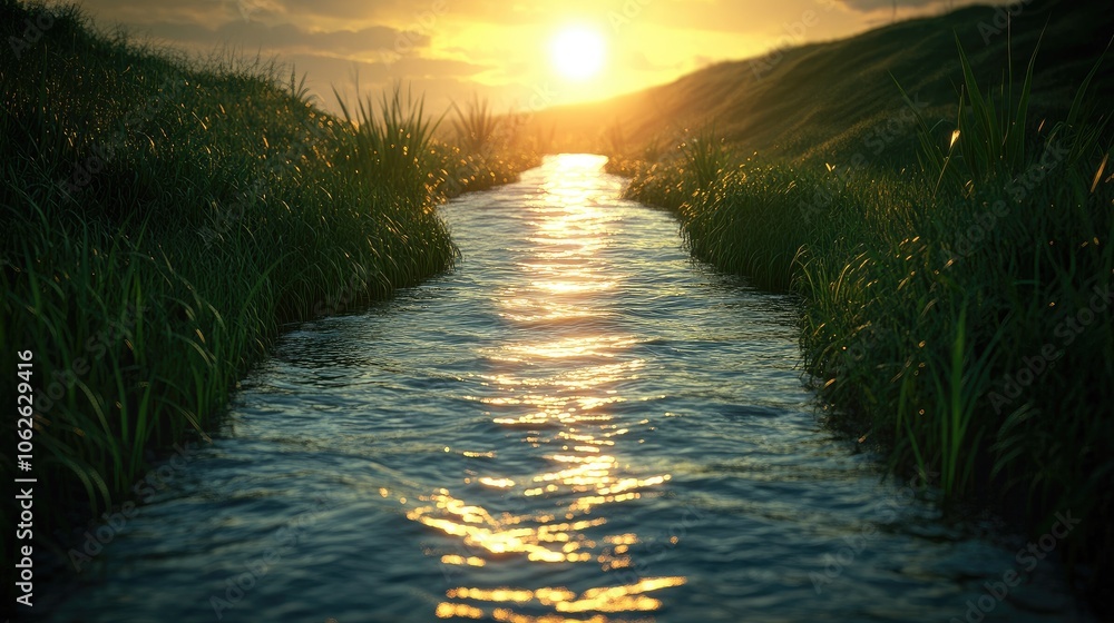 Poster a shining focus point at the end of a river path, representing smooth and strategic business flow.