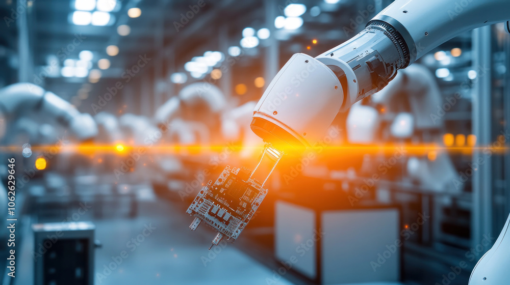 Poster a robot is holding a small electronic device. the robot is surrounded by other robots, and the scene