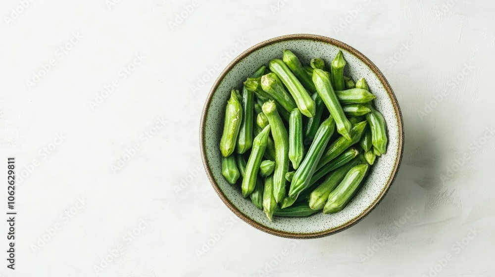 Wall mural top view of green okra in bowl, isolated on white, fresh and crisp