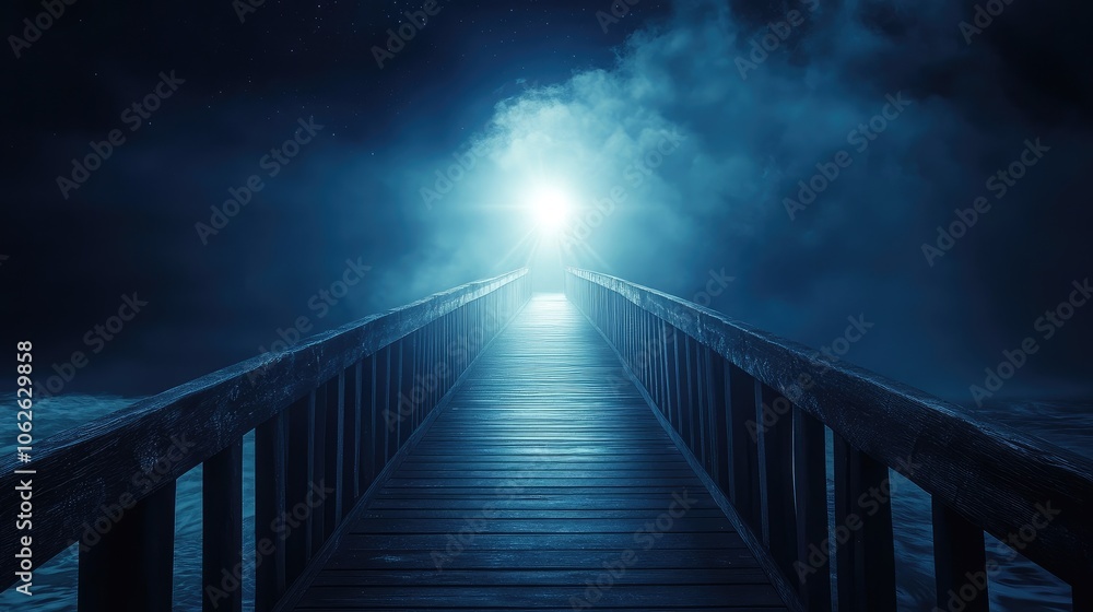 Poster an illuminated bridge extending into a point of light, showing a successful business journey.