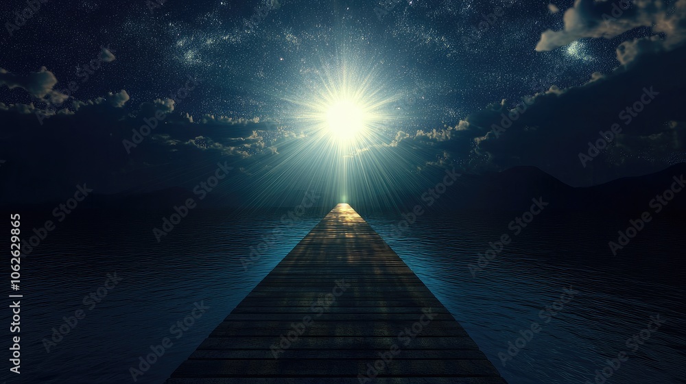 Poster an illuminated bridge extending into a point of light, showing a successful business journey.