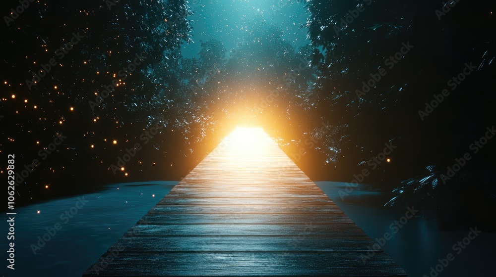 Poster an illuminated bridge extending into a point of light, showing a successful business journey.