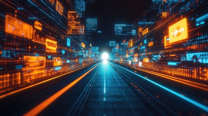 Fototapeta premium An empty road with illuminated signs, each representing a business strategy, leading to a bright focus point.