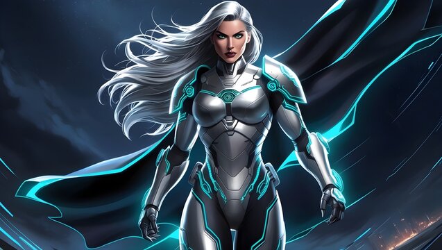 A futuristic hightech illustration of Balistic droid like a woman