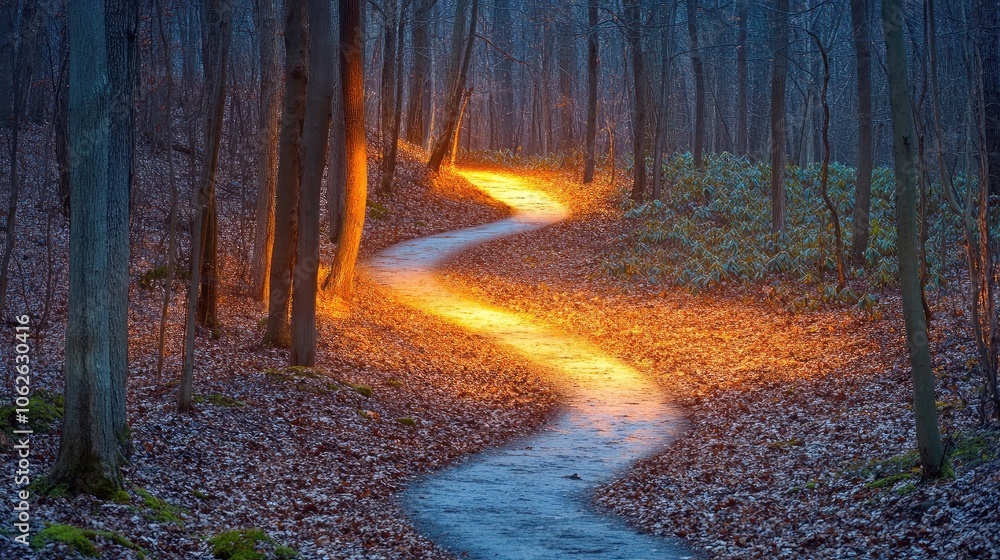 Poster image of a path winding through a forest, with a single bright light illuminating the end goal.