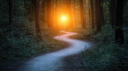 Fototapeta premium Image of a path winding through a forest, with a single bright light illuminating the end goal.
