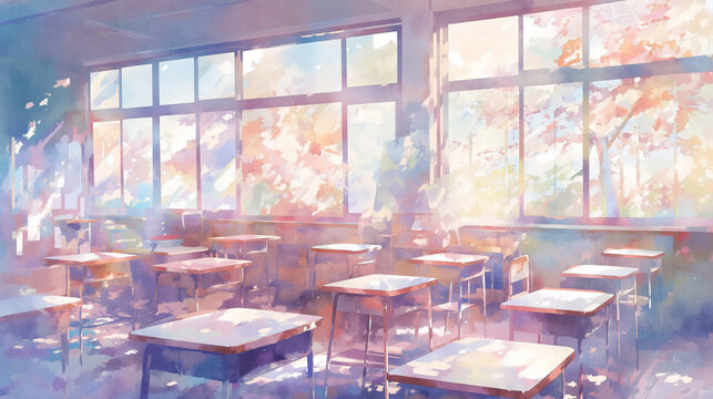 日本の学校教室｜桜が咲く春の光に包まれた静かな教室風景