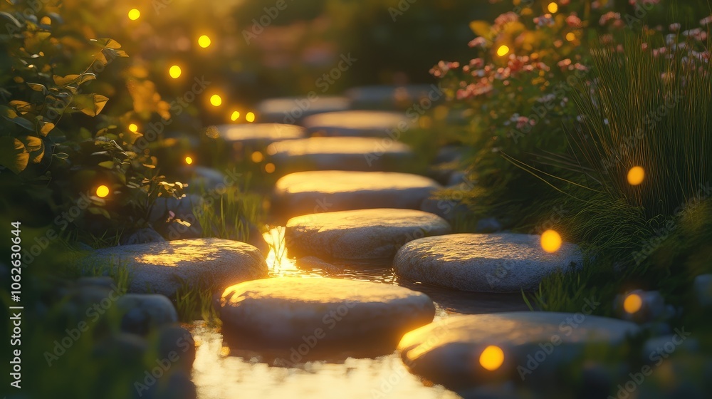 Aufkleber stepping stones glowing under soft light, creating a path to a focus point of success.