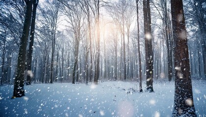 Naklejka premium Snowy Forest Scene with Falling Snow