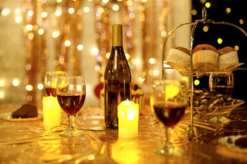 Red Wine and Champagne Bottle on The Table For Birthday Celebration 