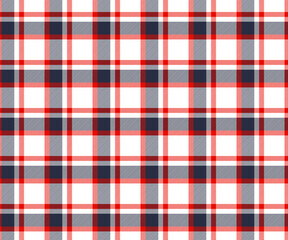 Plaid fabric pattern, white, navy, red, seamless for textile and design clothes skirt pants apron tablecloth blanket or decoration. Vector illustration.