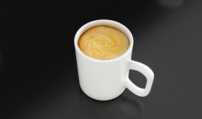 Fresh coffee in cup on black background, top view. Space for text. Cup of Cappucino
