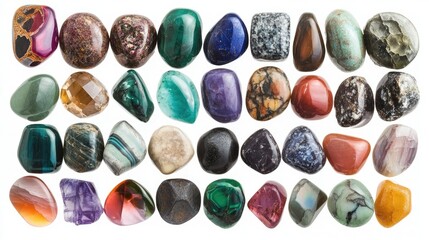 Variety of gemstone shapes, front view, isolated on white, elegant and vibrant collection