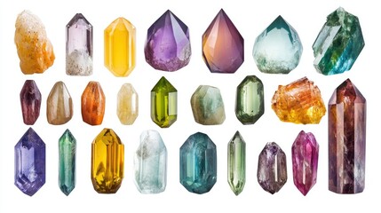 Variety of gemstones in different shapes, front view, isolated on white, brilliant colors