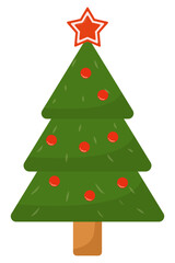 Flat icon of Xmas tree decorated with festive baubles and star isolated on white background.