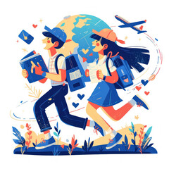 Obraz premium Illustration of Students Running with Backpacks and Books - World Map Illustration