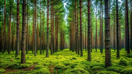 Obraz premium A group of pine trees forming a dense thicket in the forest floor, trees, landscape, outdoors