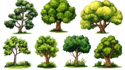 Fototapeta premium Variety of simple yet charming cartoon trees with green canopies, isolated on white ideal for games