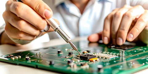 Obraz premium Macro Close Up Engineer Soldering PCB | Hands Performing Intricate Electronics Work | Craftsmanship in Focus | Ample Copy Space for Text or Branding | Precision in Advanced Electronics