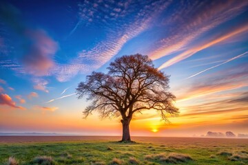 Obraz premium A lone tree stands tall as the warm light of sunrise creeps over its branches, sunrise, dawn