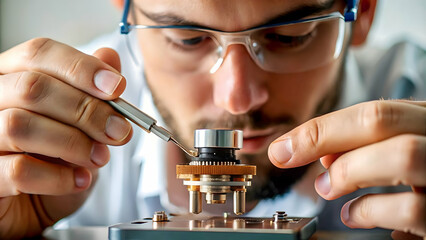 Macro Close Up Engineer Hands Nanotechnology Device Precision Engineering Advanced Nano Scale Manufacturing Ample Copy Space for Text Branding Photo Stock Concept