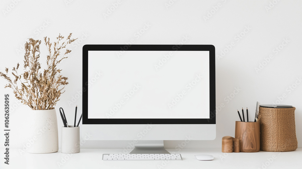 Aufkleber minimalist workspace mockup: a clean, modern desktop setup featuring a sleek computer monitor with a