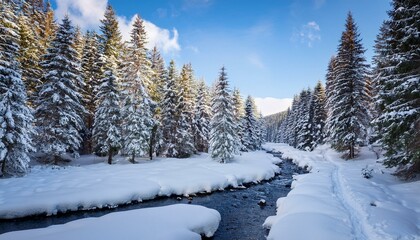 Obraz premium Winter Stream in Snow-Covered Pines