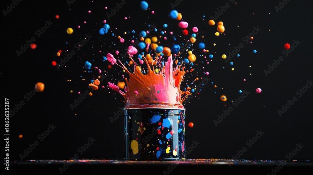 Poster vibrant paint splatters rise from a small paint can, exploding in colorful patterns against a stark 