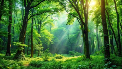 Obraz premium A lush forest with a green background, surrounded by tall trees and vibrant foliage, forest, forest floor, nature, greenery, foliage