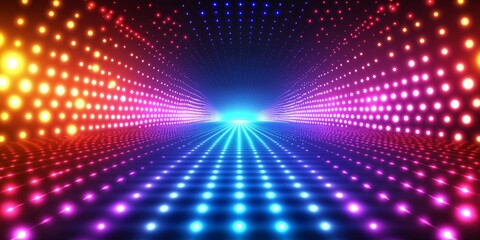 Vibrant Abstract Background with Neon Dot Grids and Horizon Glow in Gradient of Blue, Purple, and Orange, Evoking a Futuristic and Energetic Atmosphere