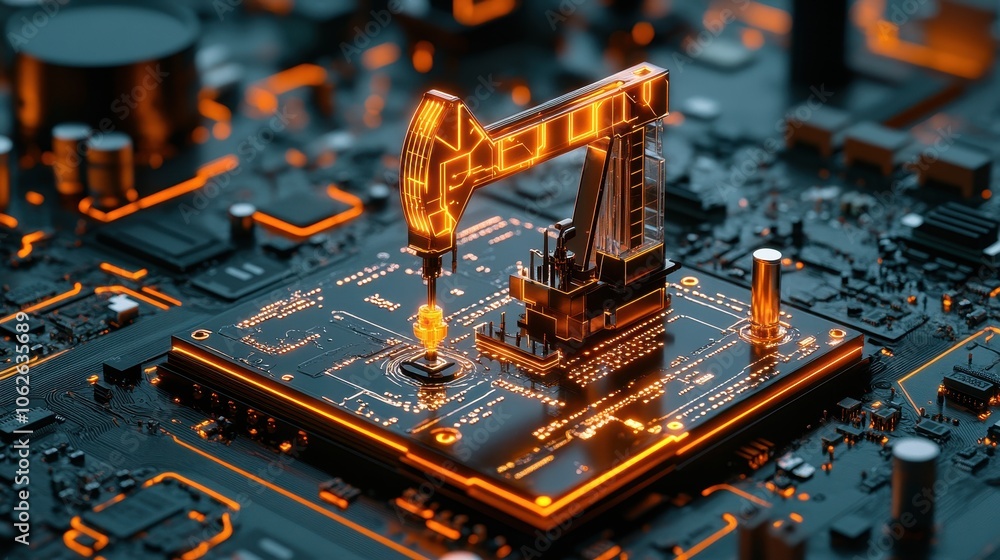 Poster digitalized oil pump on graphical motherboard interface generative ai image
