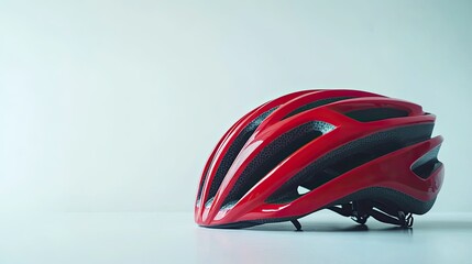 Fototapeta premium Vibrant red bicycle helmet isolated on a white surface, providing a sporty and dynamic look for cycling themes.