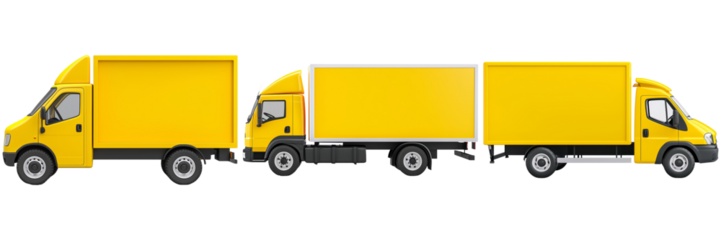 Three Distinct Yellow Delivery Trucks Side by Side for Efficient Transport and Logistics Solutions