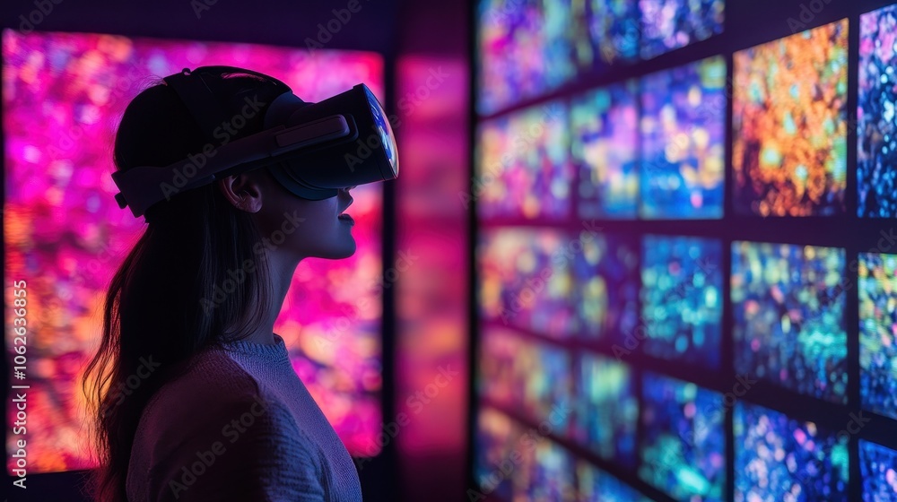 Poster a woman interacts with a high-tech vr headset in a technology-focused room brimming with colorful di