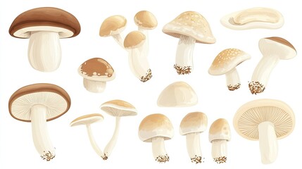 White background with various champignon mushrooms isolated