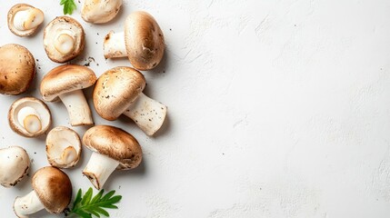 White background with various champignon mushrooms isolated
