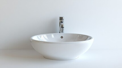 Fototapeta premium White basin with shiny chrome faucet, isolated on white background, clean and functional bathroom style