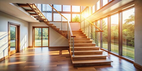 Obraz premium Wooden staircase leading up to a modern interior with natural light streaming in from a large window, wood, staircase, modern