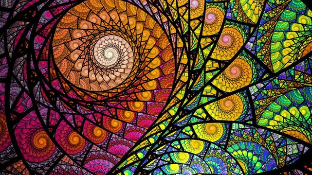 Abstract looping spiral fractal art background, like stained glass.