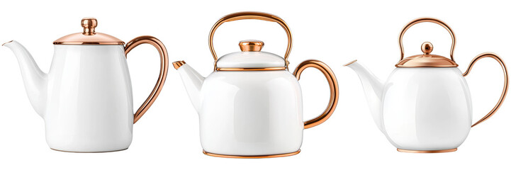 Elegant Collection of Contemporary Teapots Showcasing White Porcelain with Copper Accents