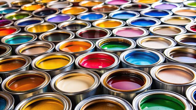 Close-up of old paint cans with various colors and types of paint, on a white background , old