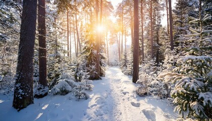 Snowfall on Sunlit Winter Path