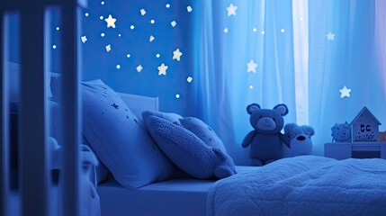 White night table in a cozy nursery with a blue wall decorated with stars, creating a serene and dreamy vibe.