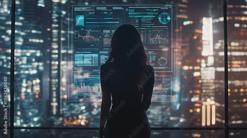 Poster a person analyzing data from a futuristic interface with a city skyline at night in the background