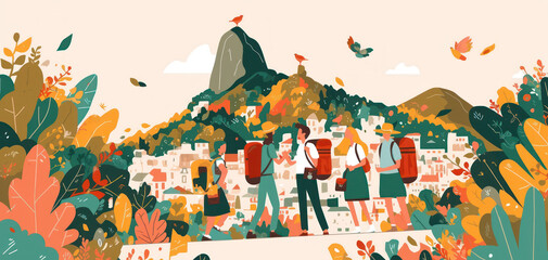 Obraz premium Illustration of Travelers with Backpacks Standing in Front of a Mountain