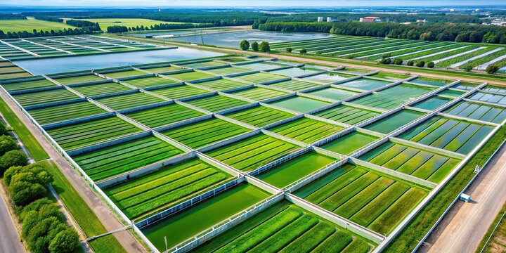 An aerial view of an algae farm for the sustainable production of food, algae, farm, agriculture