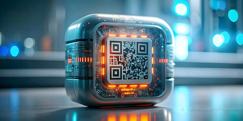 Obraz premium Macro Image of Digital Marketing QR Code Close Up Integrated into Futuristic Device for Innovative Marketing Techniques - Space for Text or Branding in Photo Stock Concept