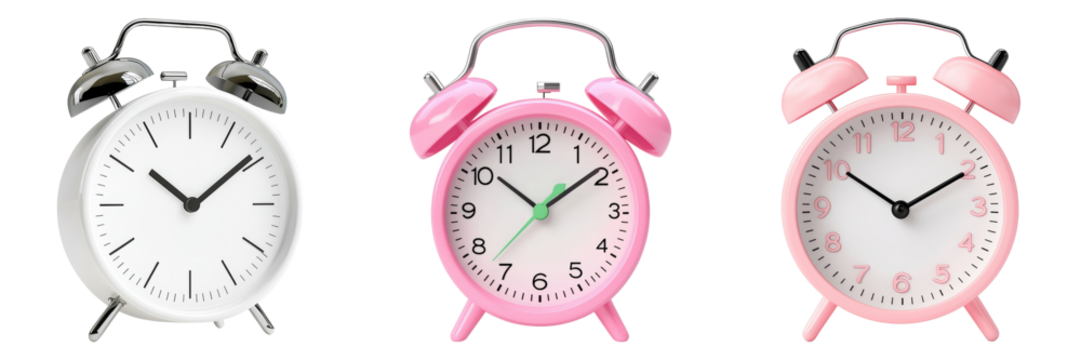 Charming Collection of Classic Alarm Clocks in Various Colors Displaying Time with Style